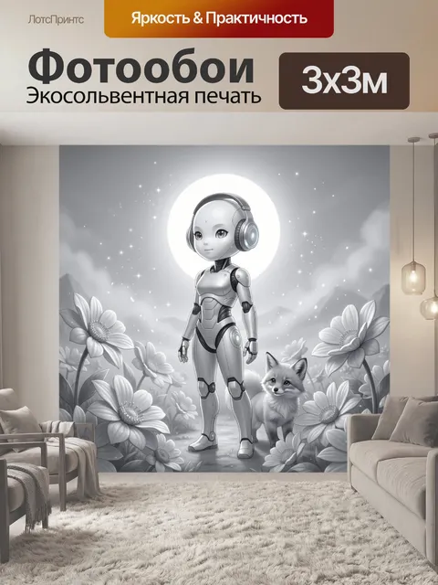 Фотообои Киборг с лисенком среди ромашек