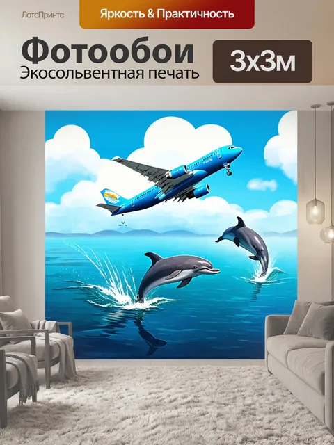 Фотообои самолет в стиле вектор, над заливом с дельфинами, прыгающими из воды