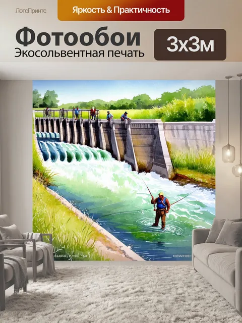Фотообои отрасли плотины с рыбаками, которые ловят рыбу среди цвета зелени и красок