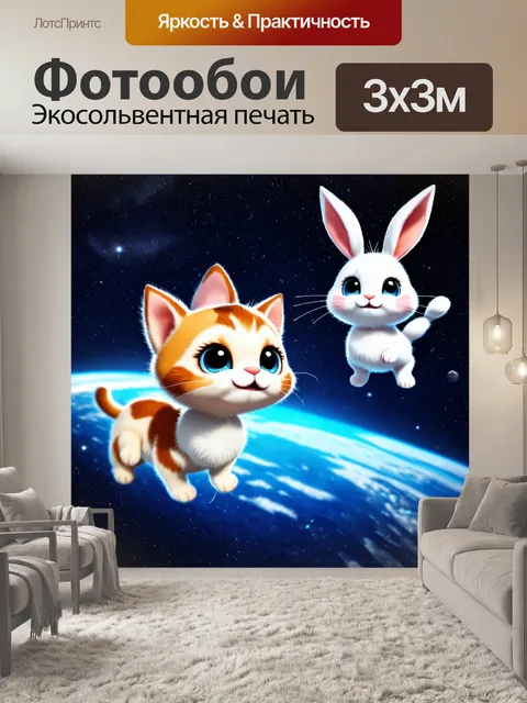 Фотообои космос в стиле мультяшный, милые космические животные, такие как котики и зайцы, парящие в невесомости