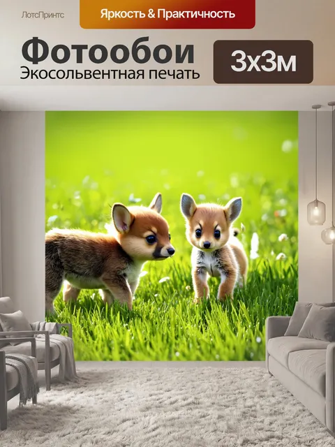 Фотообои светлый фон, на котором изображены милые зверята, играющие в траве в наивной природной обстановке