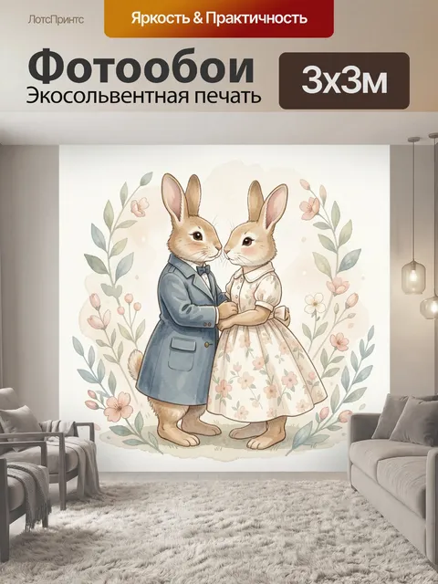 Фотообои Влюбленные зайцы в цветочном обрамлении