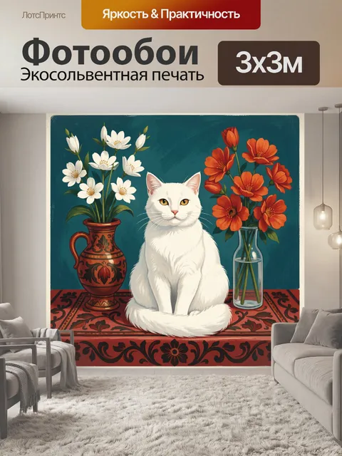 Фотообои Белый кот с цветами