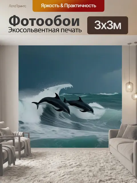 Фотообои дельфины, выпрыгивающие из громких волн шторма