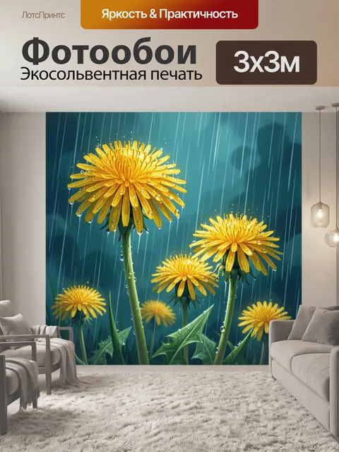 Фотообои Желтые одуванчики под дождем