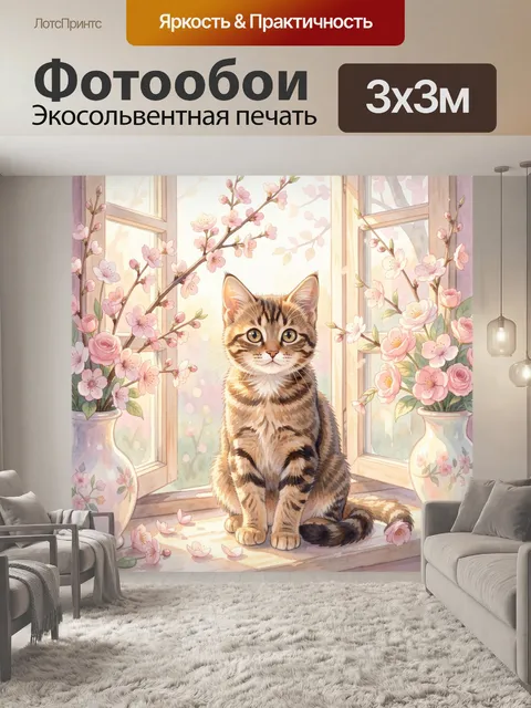 Фотообои Котёнок у окна среди цветущих веток