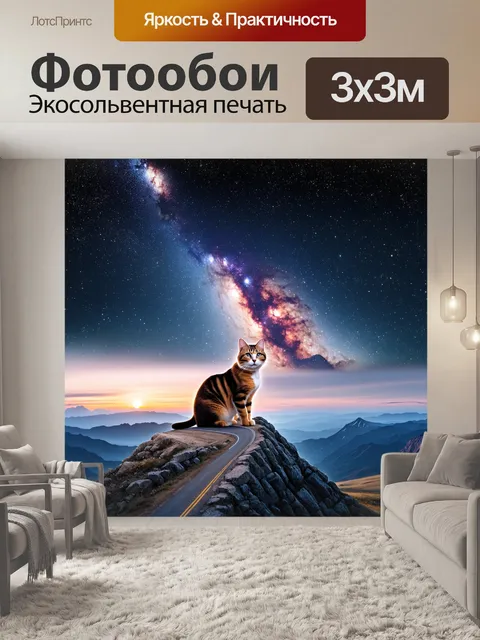 Фотообои Кот на вершине горы, смотрящий на звездное небо с тысячами звезд и яркой галактикой