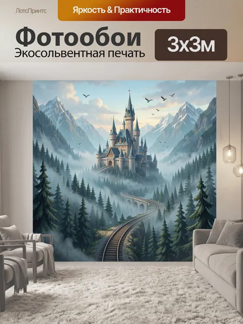 Фотообои Замок в горах над лесной дорогой