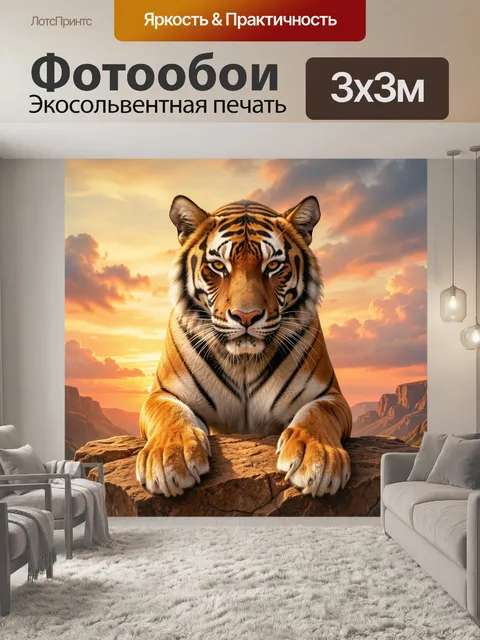 Фотообои Тигр на скале на закате