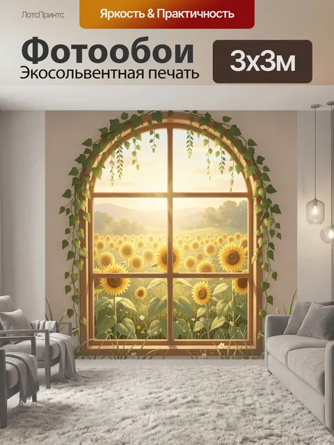 Фотообои Окно в поле подсолнухов