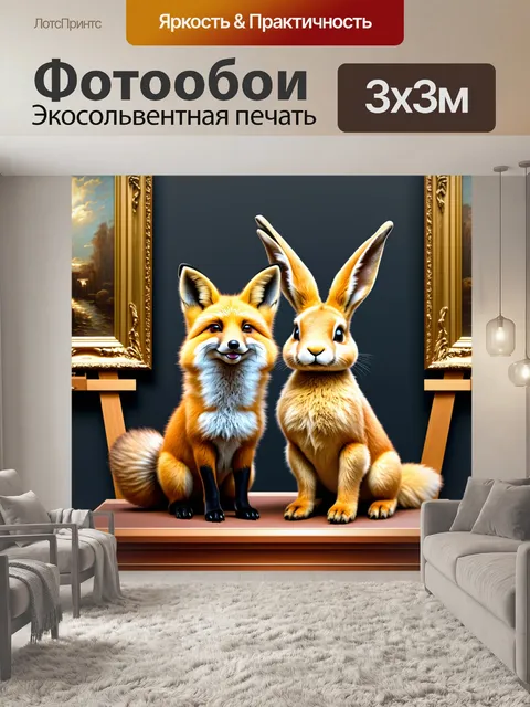 Фотообои забавные животные, представляющие себя на классической выставке искусства, где лисица и зайчик позируют…