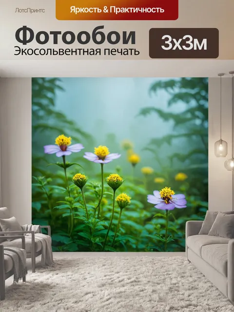 Фотообои туман в стиле тонализм, редкие цветы, которые пробиваются сквозь туман