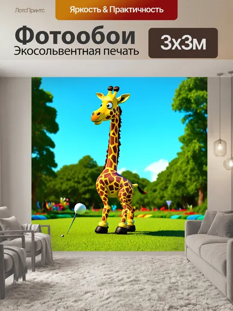 Фотообои забавный жираф, играющий в гольф на лужайке, с красочной обстановкой и игривыми элементами, выполненный в…