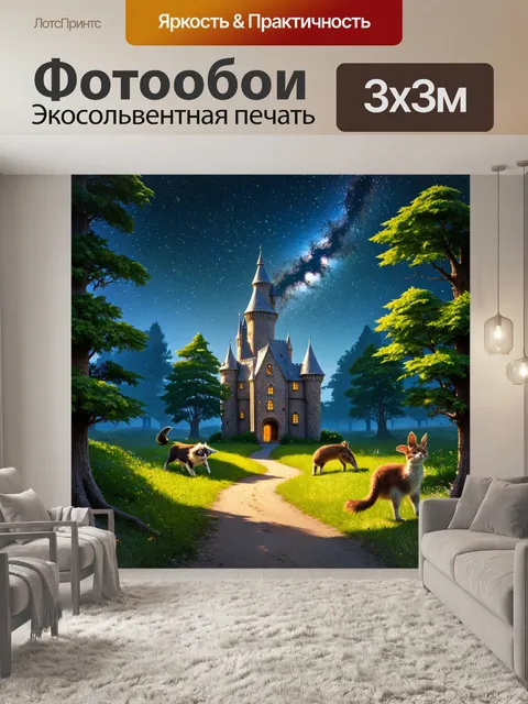 Фотообои сказка лес, таинственные тропинки, густая зелень, говорящие животные, у подножия высоких деревьев стоит…