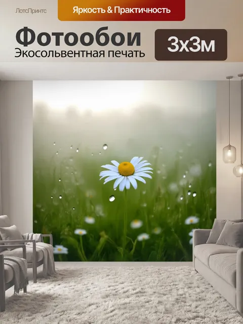Фотообои одинокая маргаритка, стоящая на цветочном лугу, в окружении тумана и утренней росы