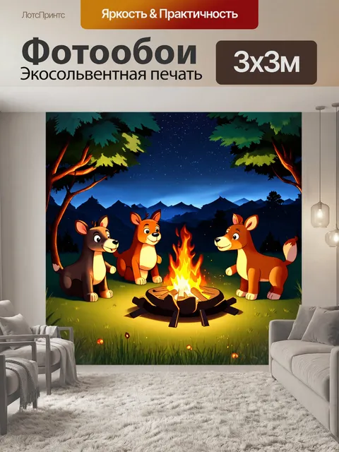 Фотообои природа в стиле мультяшный, изображающие уютный вечер, когда животные собираются вокруг костра