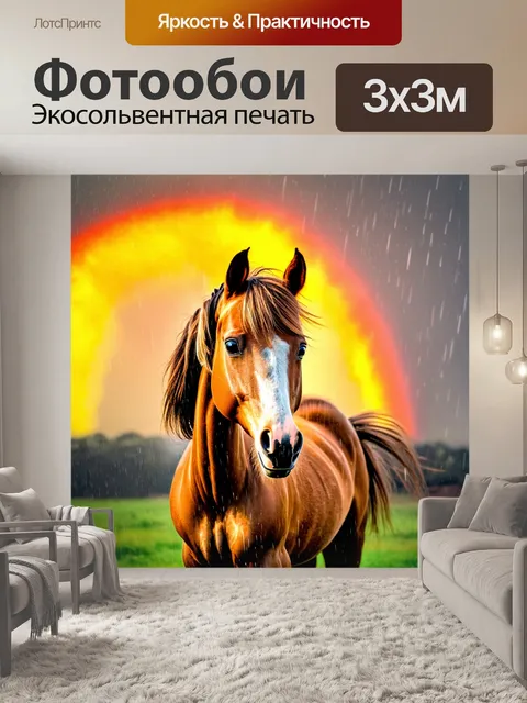 Фотообои пони под дождем, с золотой радугой над головой