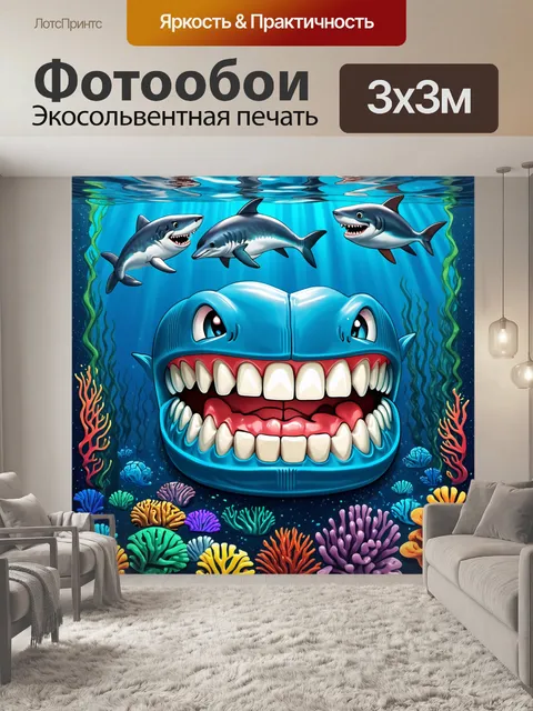 Фотообои смешные мультяшные зубы, исследующие подводный мир с акулами и дельфинами, выполненные в стиле детской книги