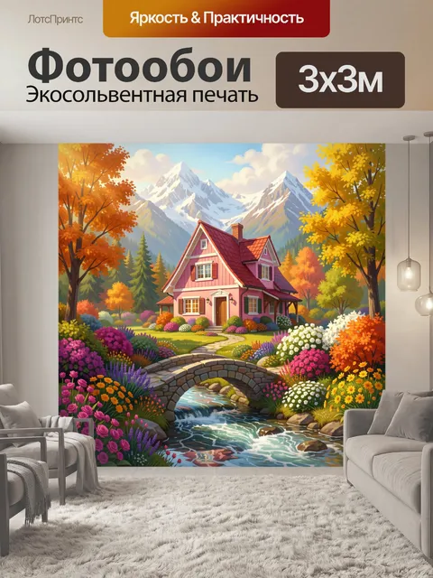 Фотообои Домик в горах и саду