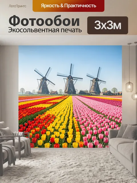 Фотообои Тюльпановые поля и ветряные мельницы