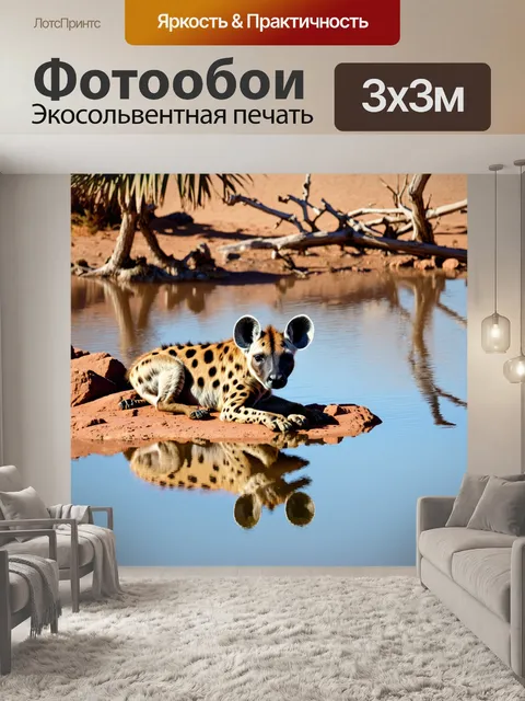 Фотообои пятнистая гиена, отдыхающая на камнях у водоема, отражающаяся в спокойной воде