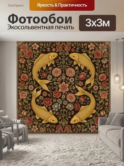 Фотообои Золотые карпы среди цветов