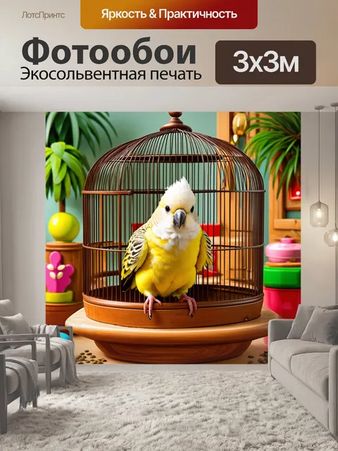 Фотообои изобразите кореллу, сидящую на старинной деревянной клетке, окруженную множеством ярких и экзотических…