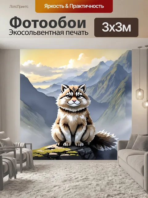Фотообои одинокий манул сидит на скале в тумане, его пушистая шерсть переливается под мягким светом рассвета