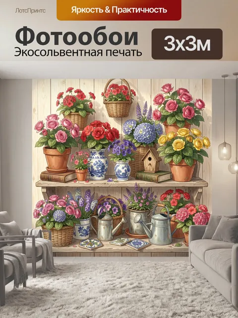 Фотообои Цветочные композиции на деревянных полках