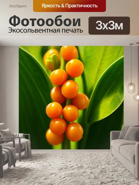 Фотообои оранжевый цвет: оранжевые горошины на фоне зеленых листьев