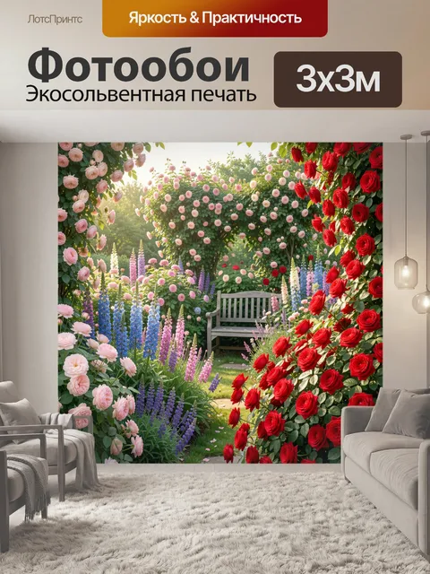 Фотообои Цветущий сад с деревянной скамьей