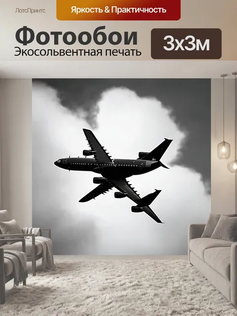 Фотообои самолет в черно-белом стиле, в облаках с эффектом монохромной размытости