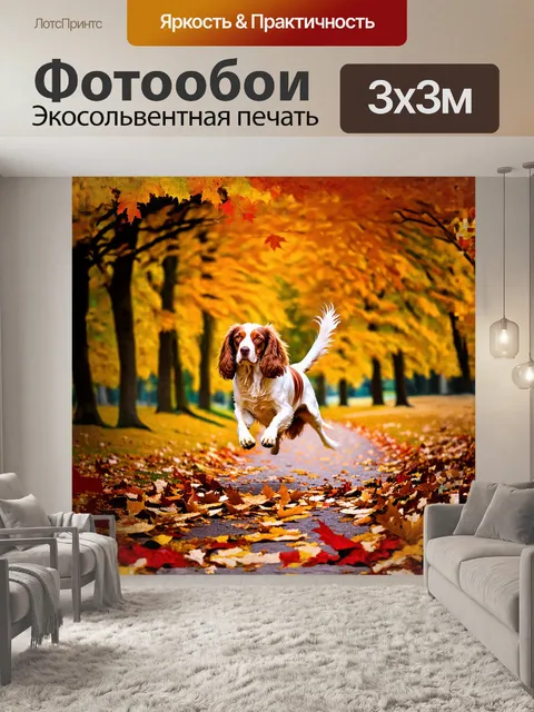 Фотообои на пейзаже, утопающем в осенних красках, спаниель прыгает среди падающих листьев, его уши развеваются на ветру