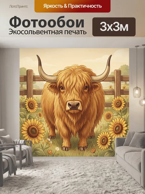 Фотообои Лохматый бык среди подсолнухов