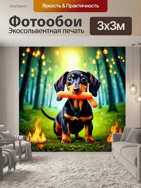 Фотообои фотомонтаж, в котором щенок таксы с игрушкой во рту стоит на фоне волшебного леса, наполненного светлячками