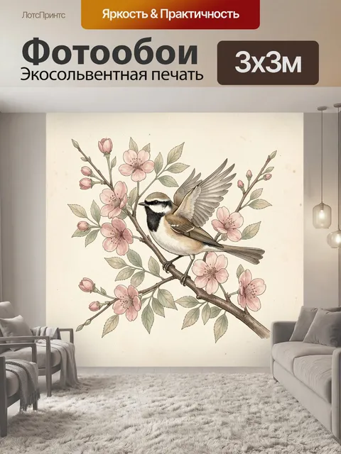 Фотообои Птица среди цветущих ветвей