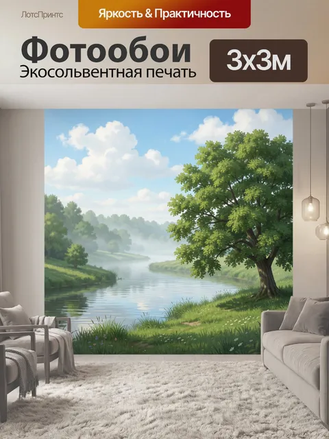 Фотообои Летний речной пейзаж с деревом