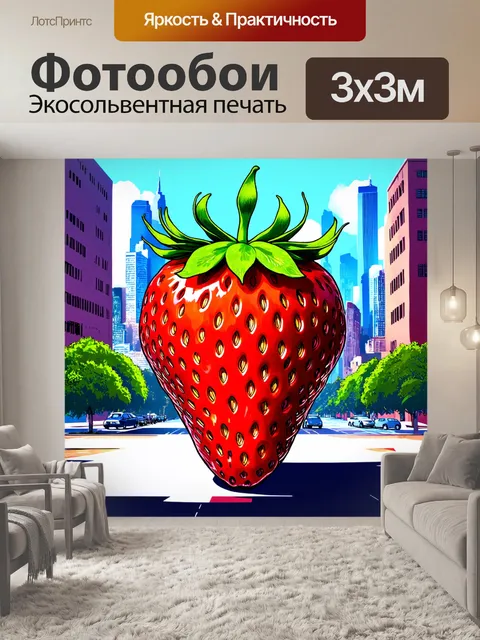 Фотообои гигантская клубника на фоне города