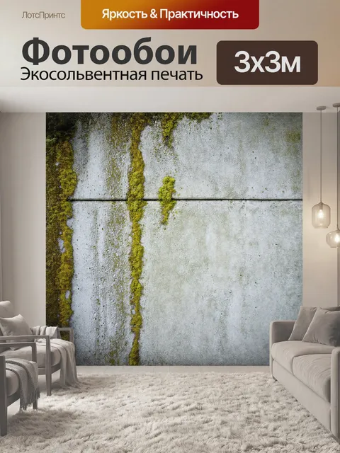 Фотообои бетонная стена, усеянная мелкими водяными каплями и мхом, который пробился сквозь трещины