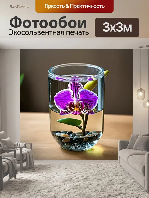 Фотообои орхидея, помещенная в прозрачный контейнер с водой и маленькими камнями на дне