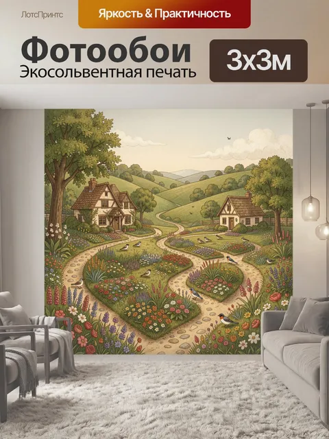 Фотообои Сельский пейзаж с домами и птицами