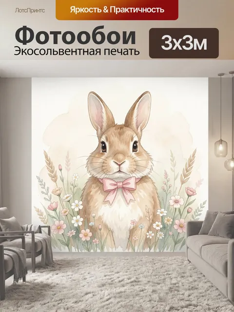 Фотообои Акварельный кролик с розовым бантом