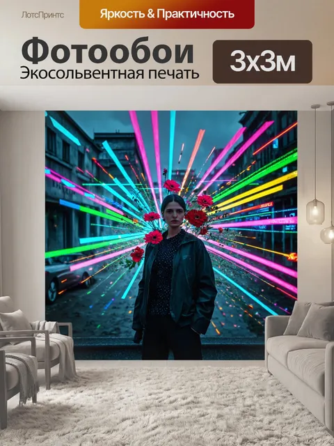 Фотообои цветы в стиле киберпанк с цветами, излучающими разноцветные лучи света в мрачный городской фон