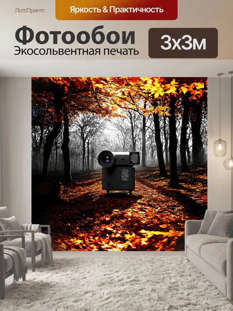 Фотообои в сказочном лесу, где свет пробивается сквозь листву, старый проектор испускает тусклый свет, освещая кадры…