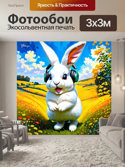 Фотообои создайте изображение радостного кролика с наушниками