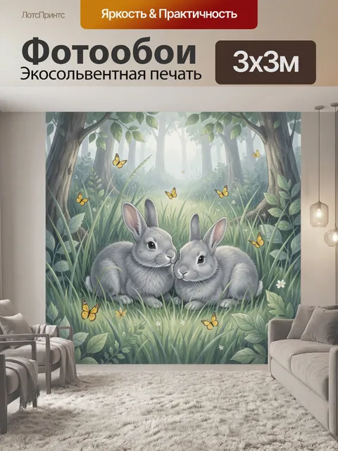 Фотообои Два кролика в лесной поляне