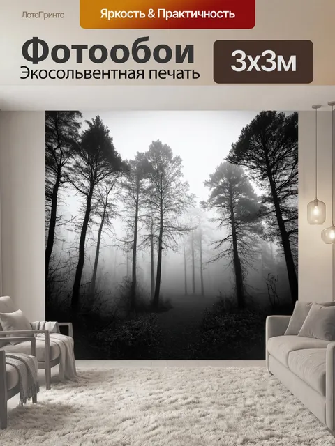 Фотообои природа в черно-белом стиле, с контрастными изображениями деревьев в тумане