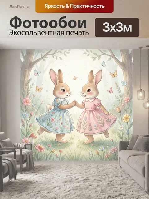 Фотообои Зайчата в цветочном лесу