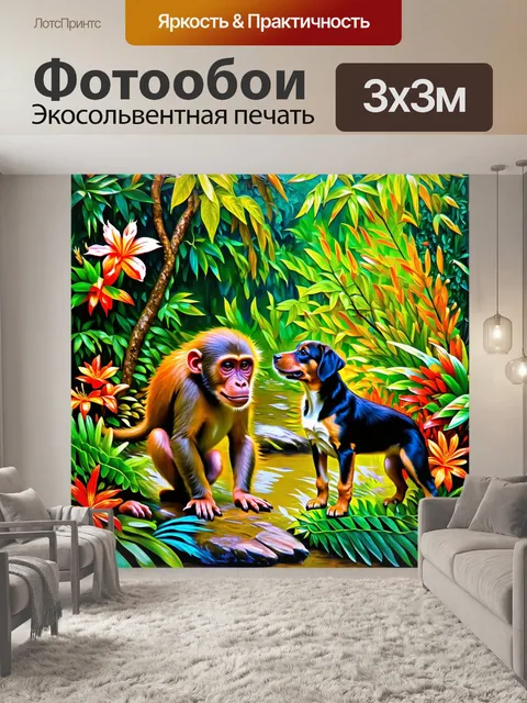 Фотообои запечатлейте взаимодействие между обезьяной и щенком в тропическом лесу индонезии