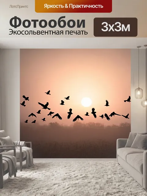 Фотообои туман в стиле готический: орнитофобия: птицы, шуршащие в тумане, с мрачными крыльями на фоне заката